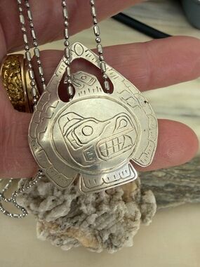 Haida “Wolf Eagle “ vintage indigenous hand carved Sterling Silver Pendant,Chain